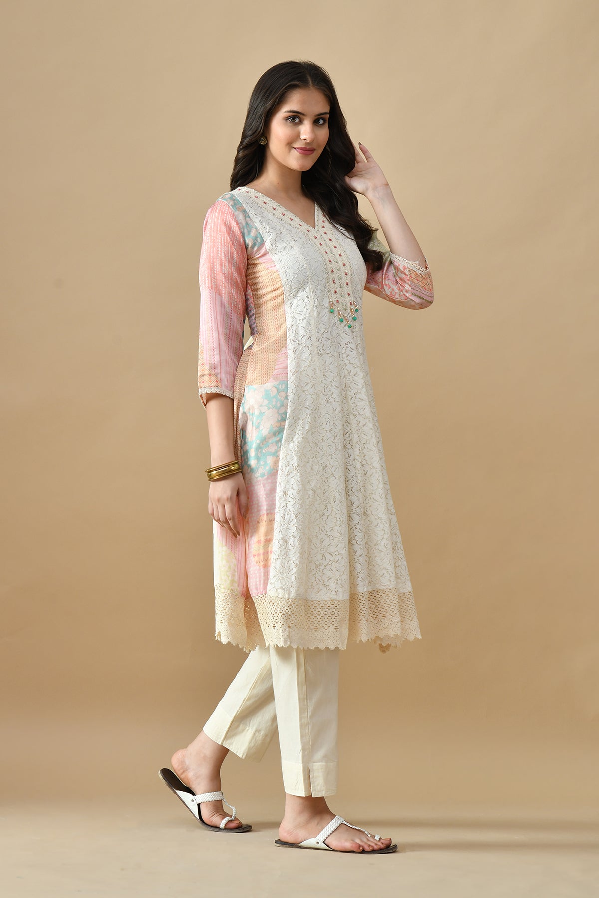 Cream Embroidered Kurta Set