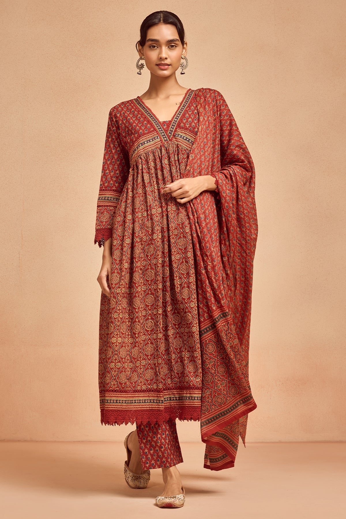 Rust Printed Kurta 3 Pcs Set
