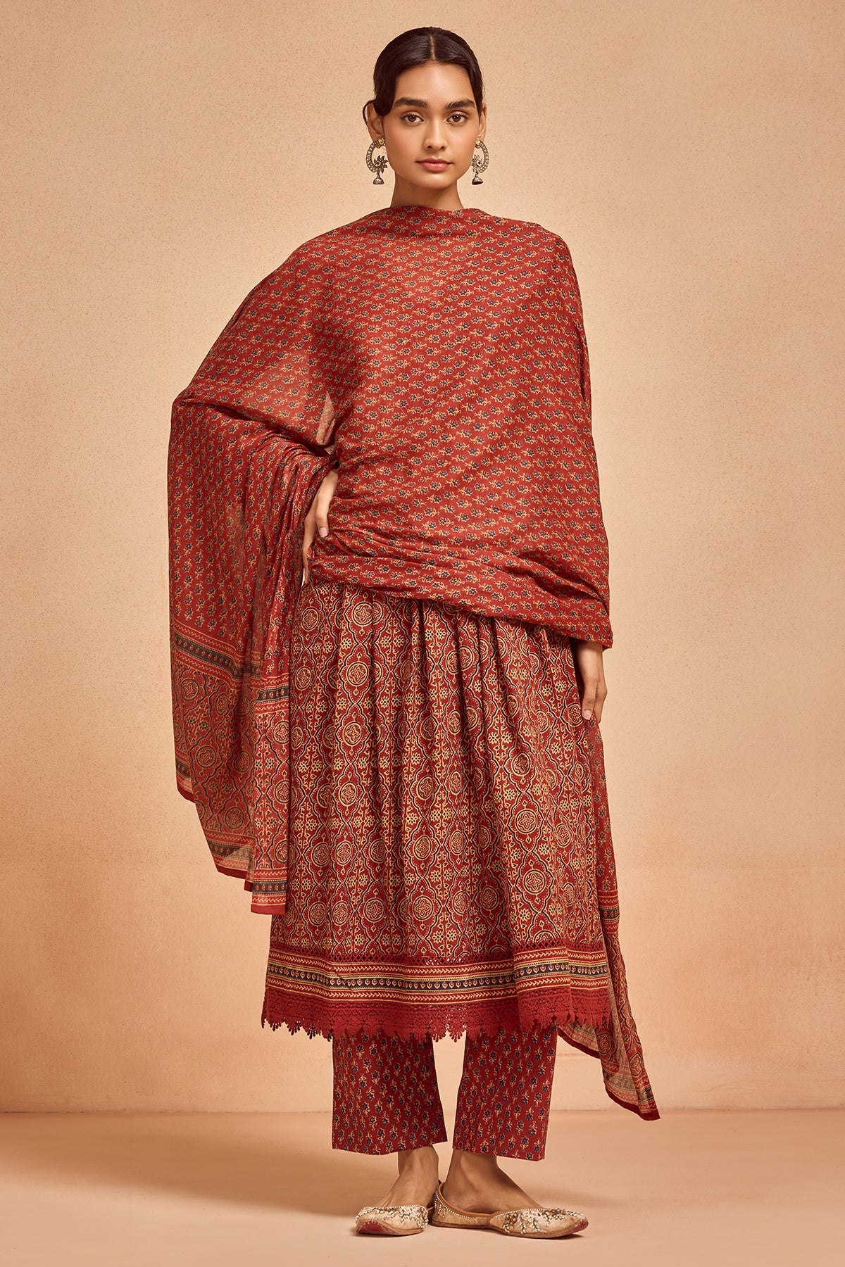 Rust Printed Kurta 3 Pcs Set