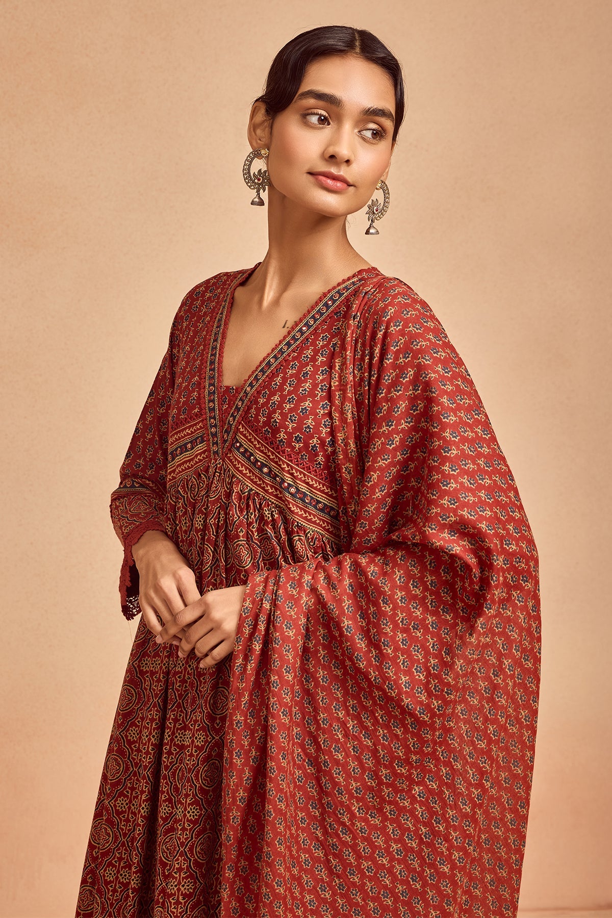 Rust Printed Kurta 3 Pcs Set