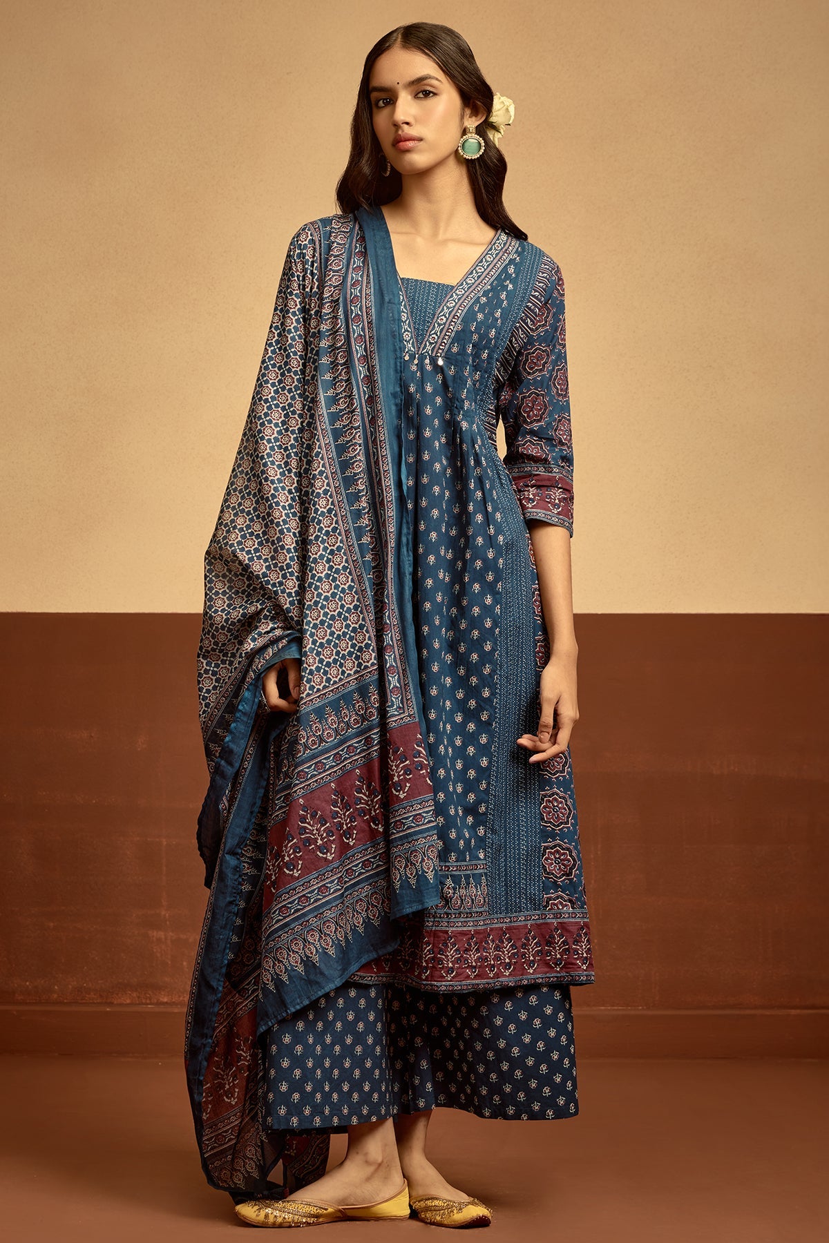 Blue Printed Kurta 3 Pcs Set