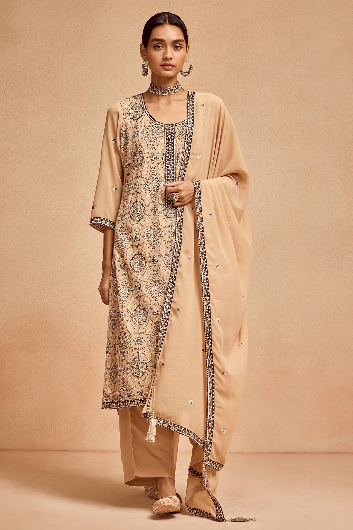 Beige Embroidered Kurta Set (3 Piece)