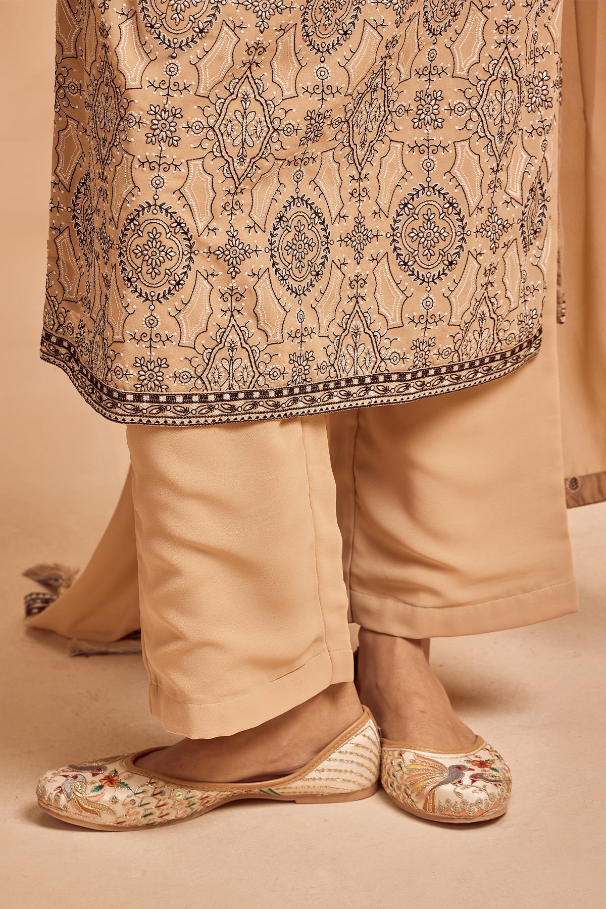 Beige Embroidered Kurta Set (3 Piece)