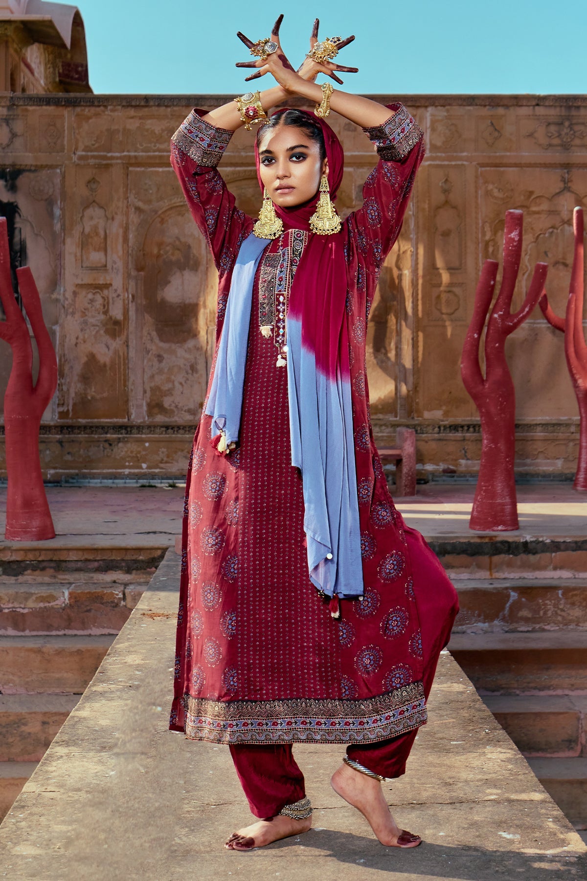 Maroon Printed Kurta Set