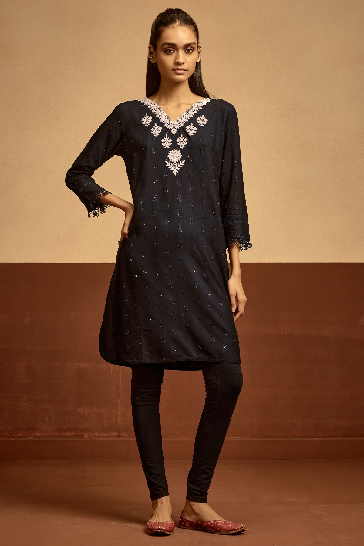 Black Embroidered Straight Top