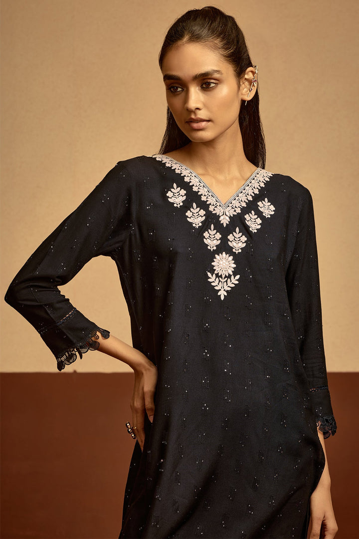 Black Embroidered Straight Top