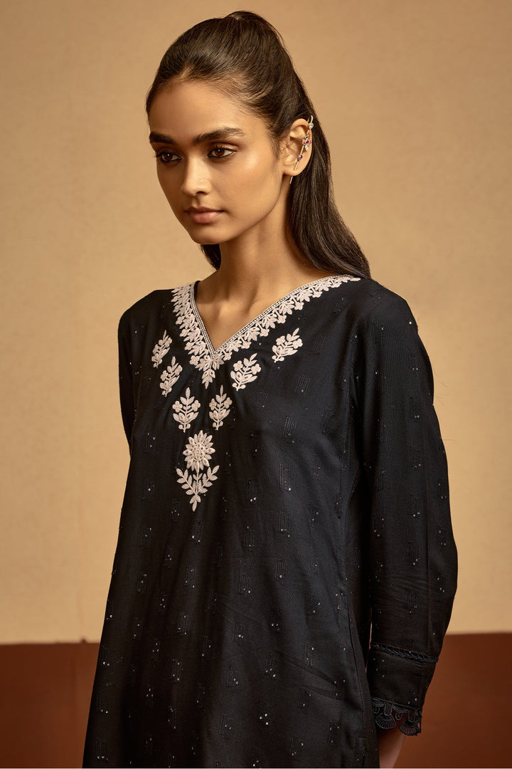 Black Embroidered Straight Top