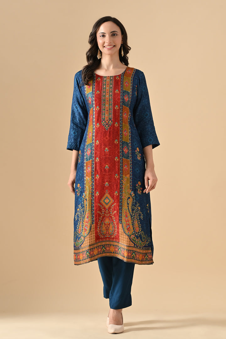 Teal Blue Printed Kurta Set