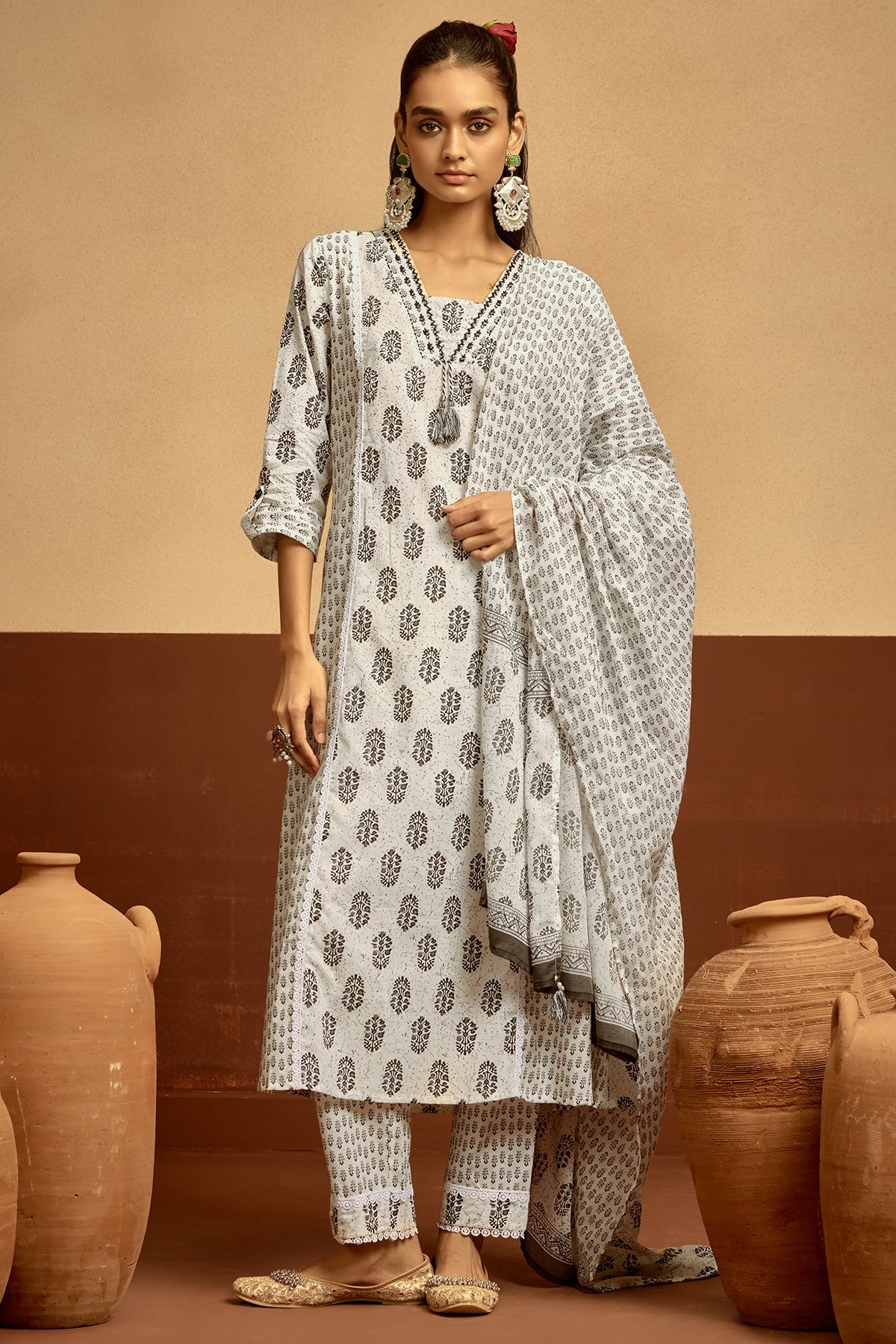 White Printed Kurta Set
