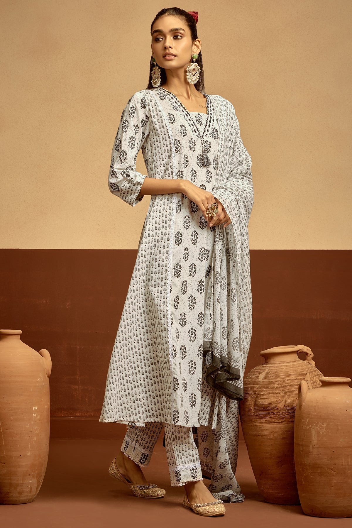 White Printed Kurta Set
