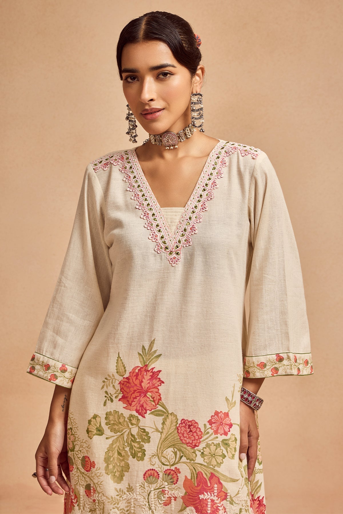 Cream Printed Kurta Set