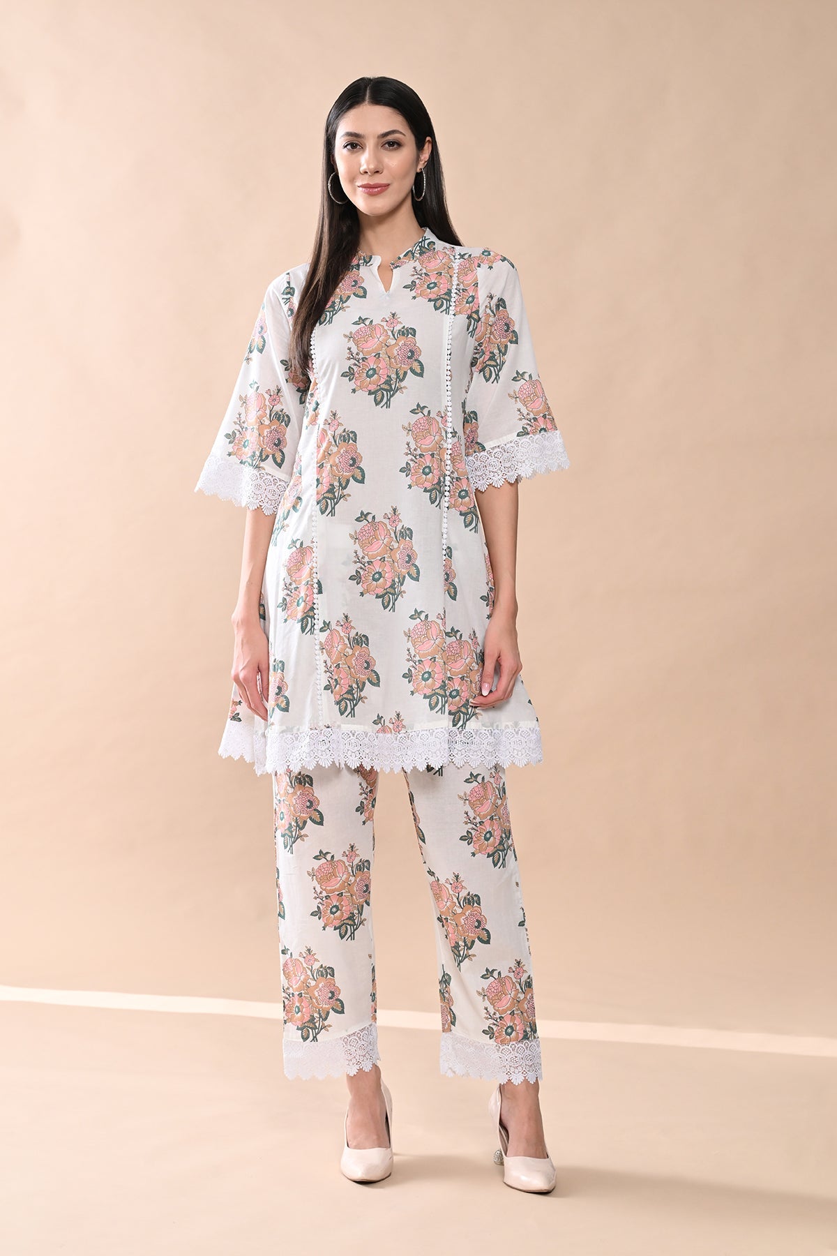 White Printed A-line Kurta Set
