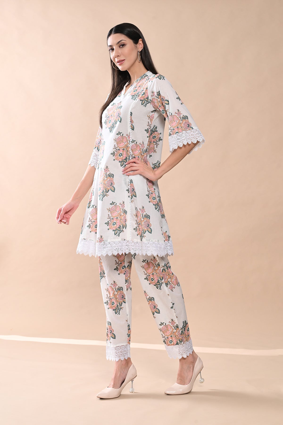 White Printed A-line Kurta Set