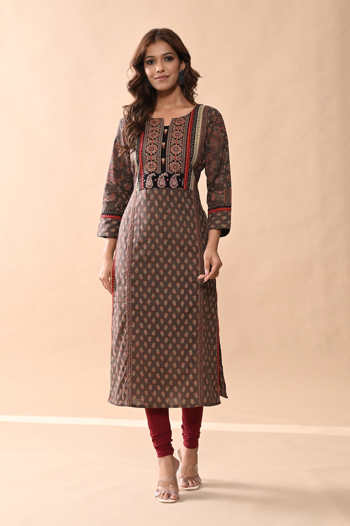 Brown Printed Straight Kurta