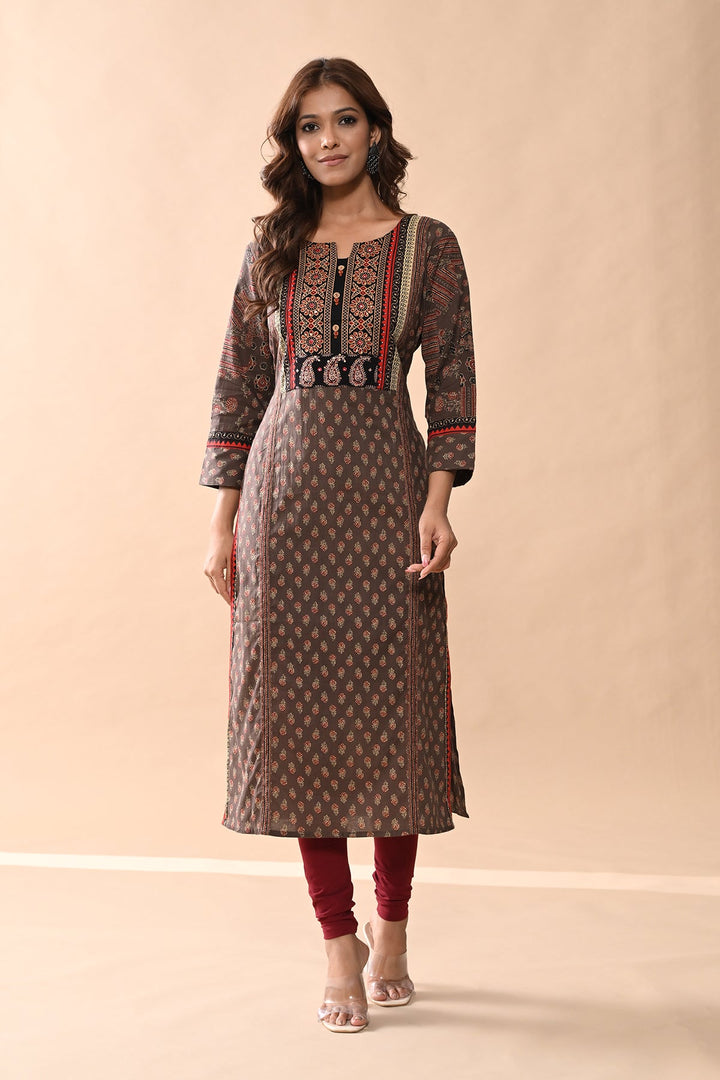 Brown Printed Straight Kurta