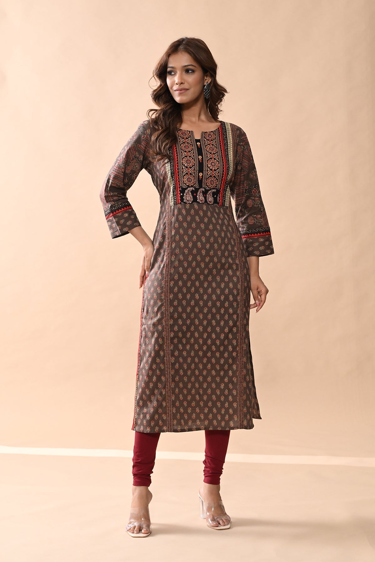 Brown Printed Straight Kurta