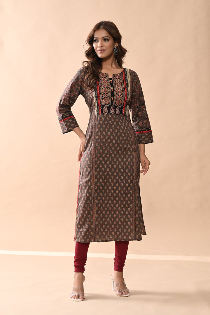 Brown Printed Straight Kurta