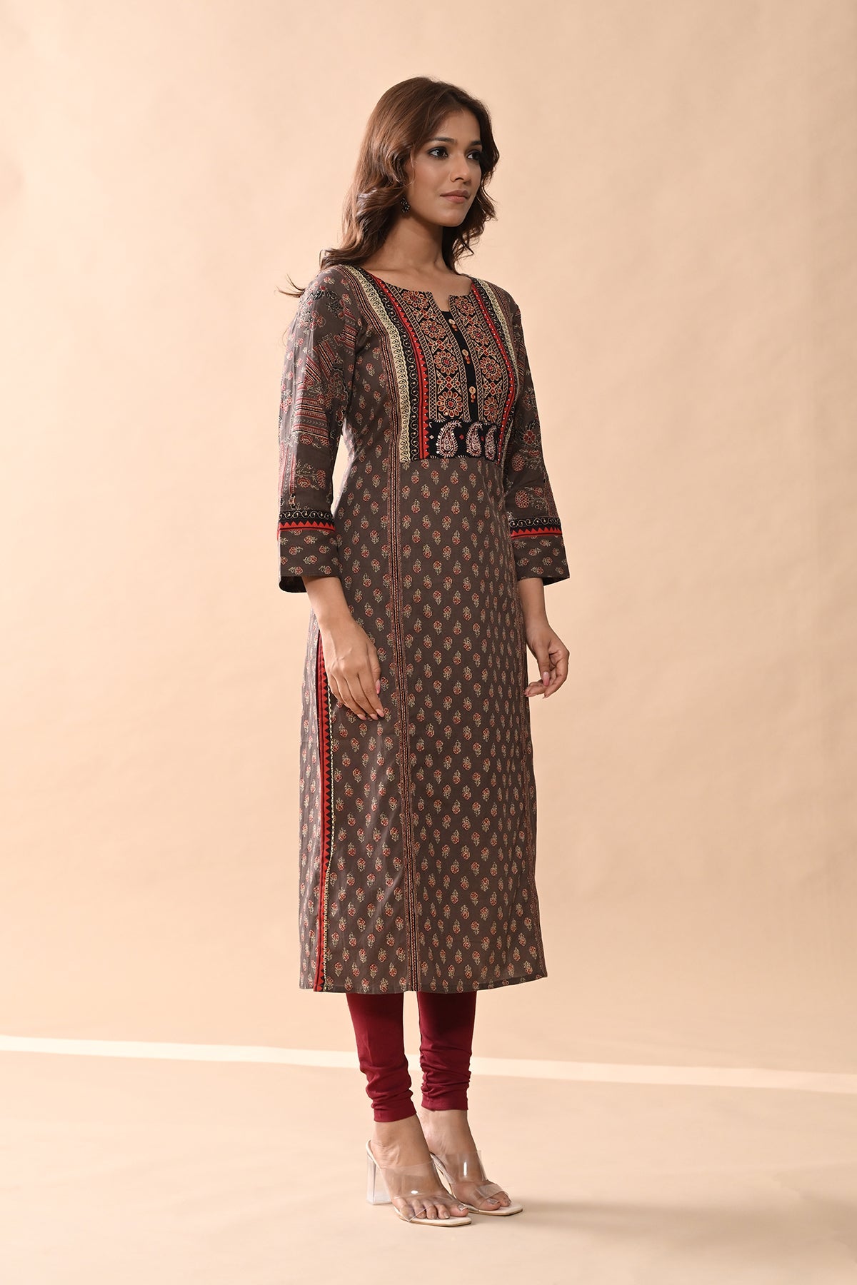 Brown Printed Straight Kurta