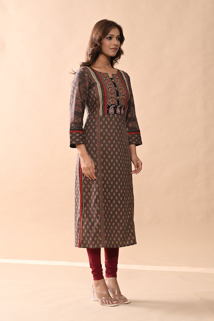Brown Printed Straight Kurta