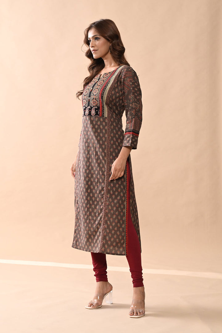 Brown Printed Straight Kurta