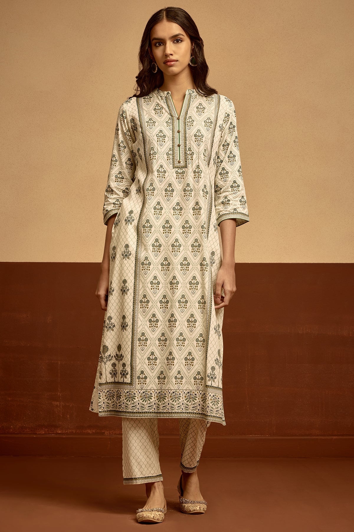 Cream Printed Kurta Set