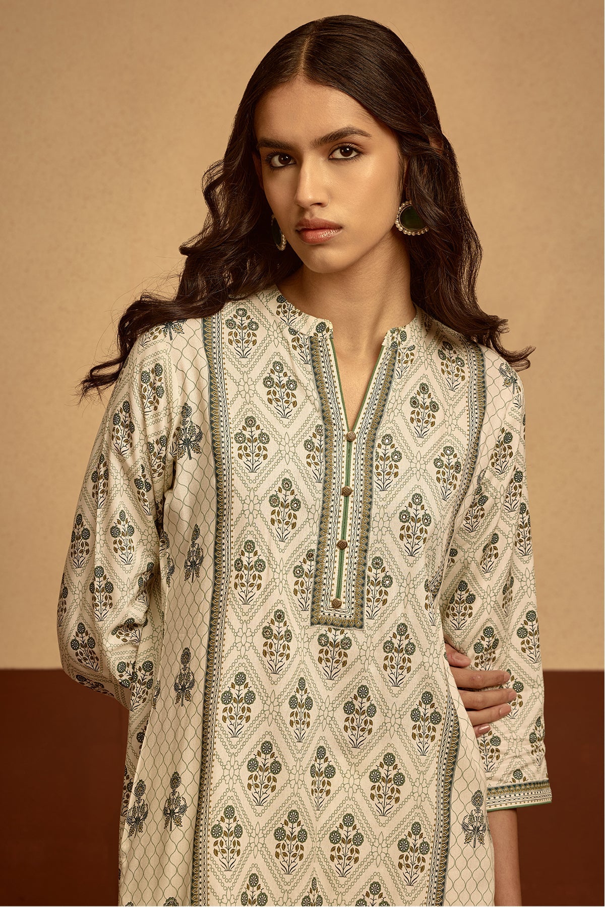 Cream Printed Kurta Set