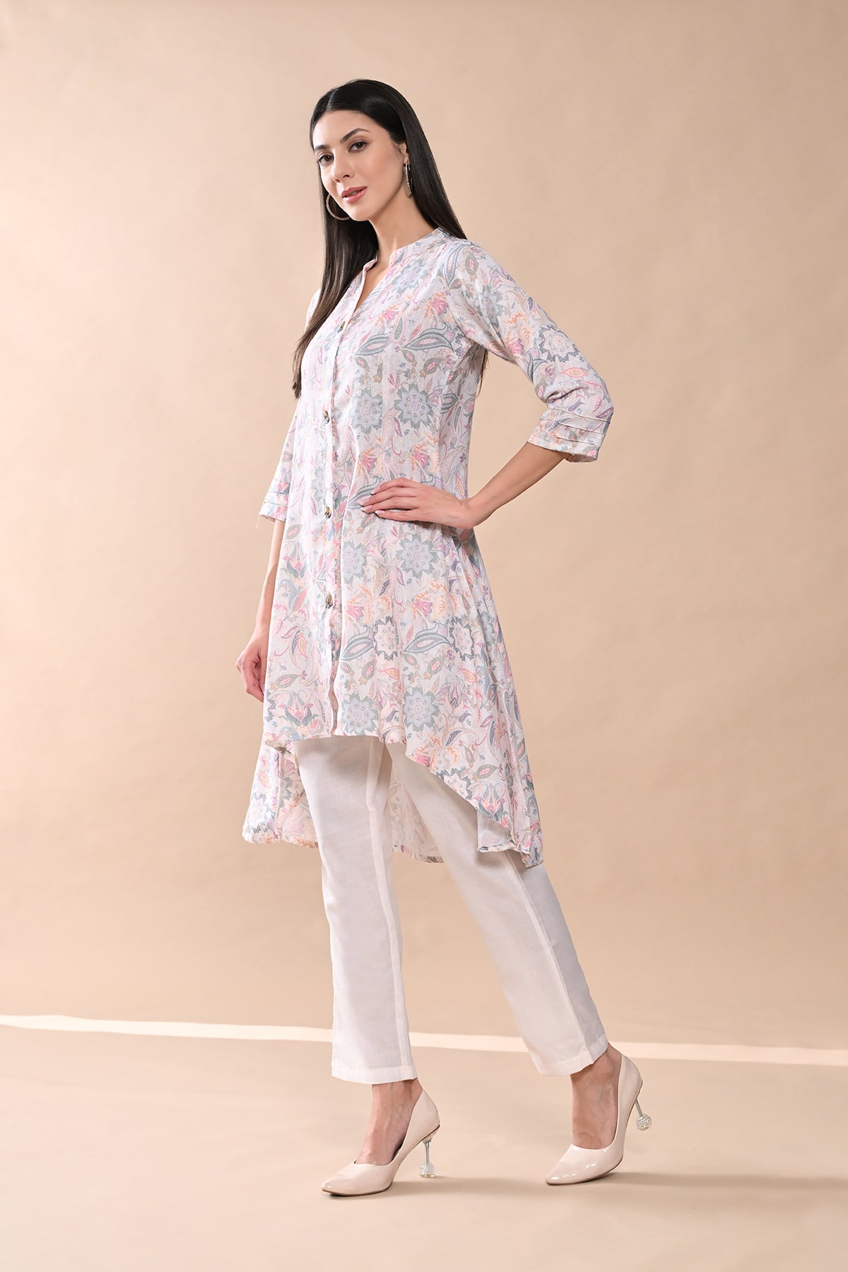 Cream Printed Kurta Set