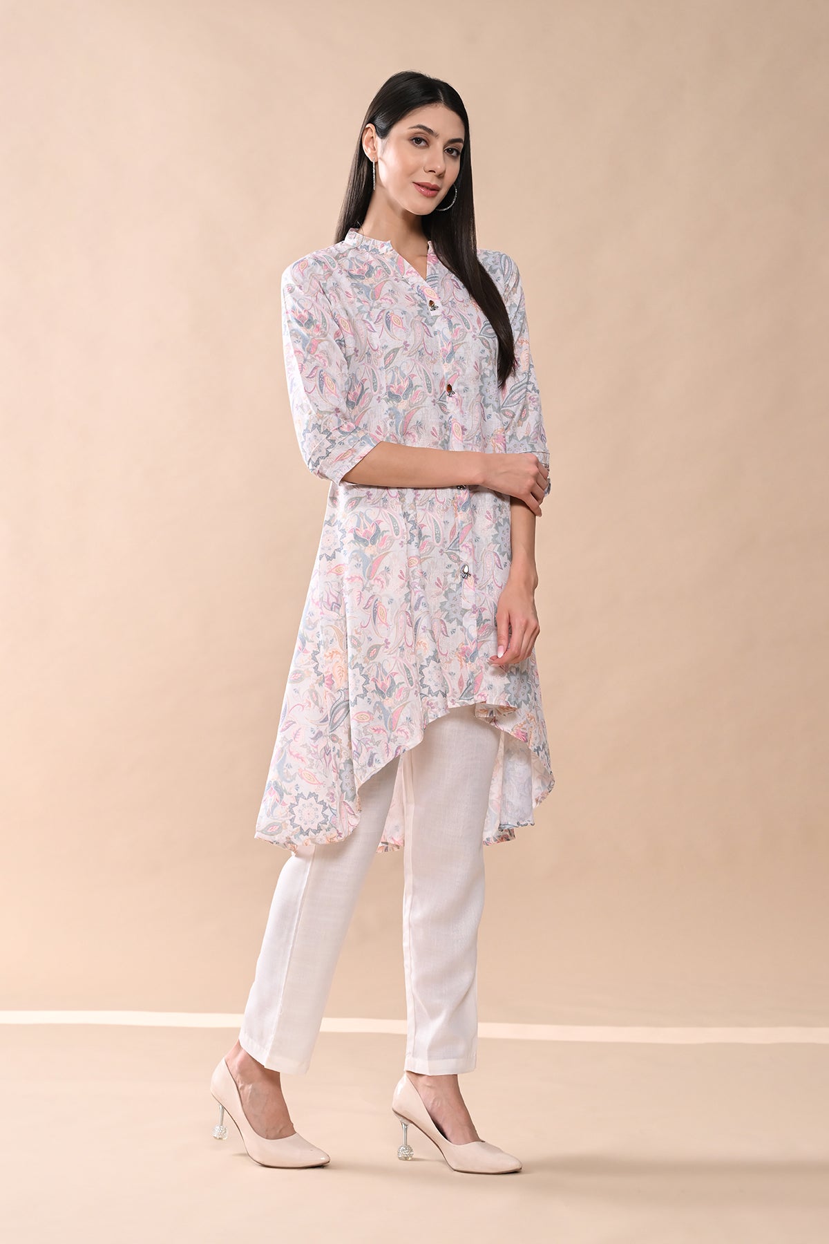 Cream Printed Kurta Set