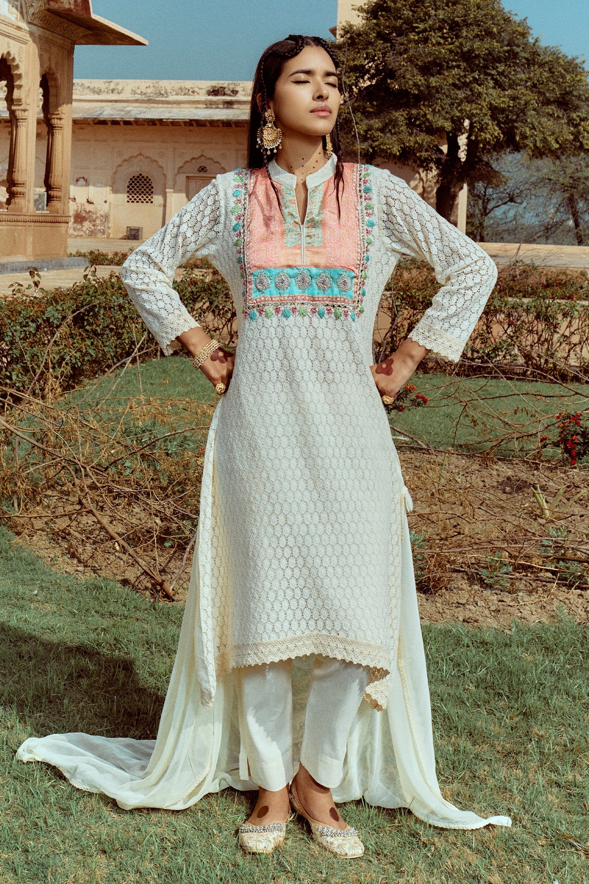 Cream Embroidered Kurta Set
