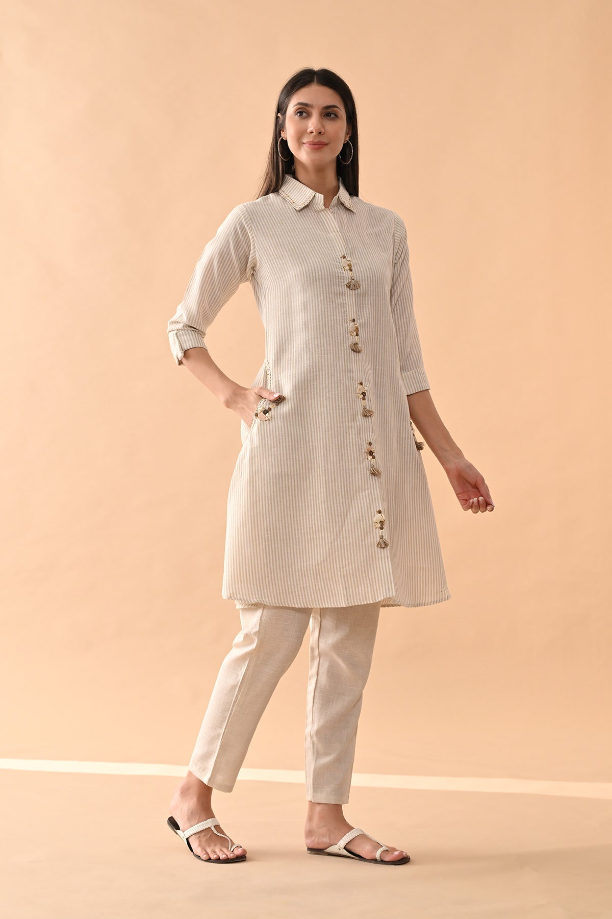 White Self Design kurta Set