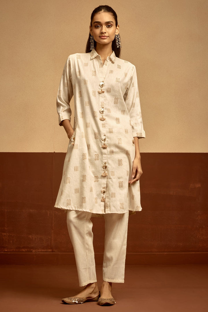 Cream Embroidered A-line Kurta Set
