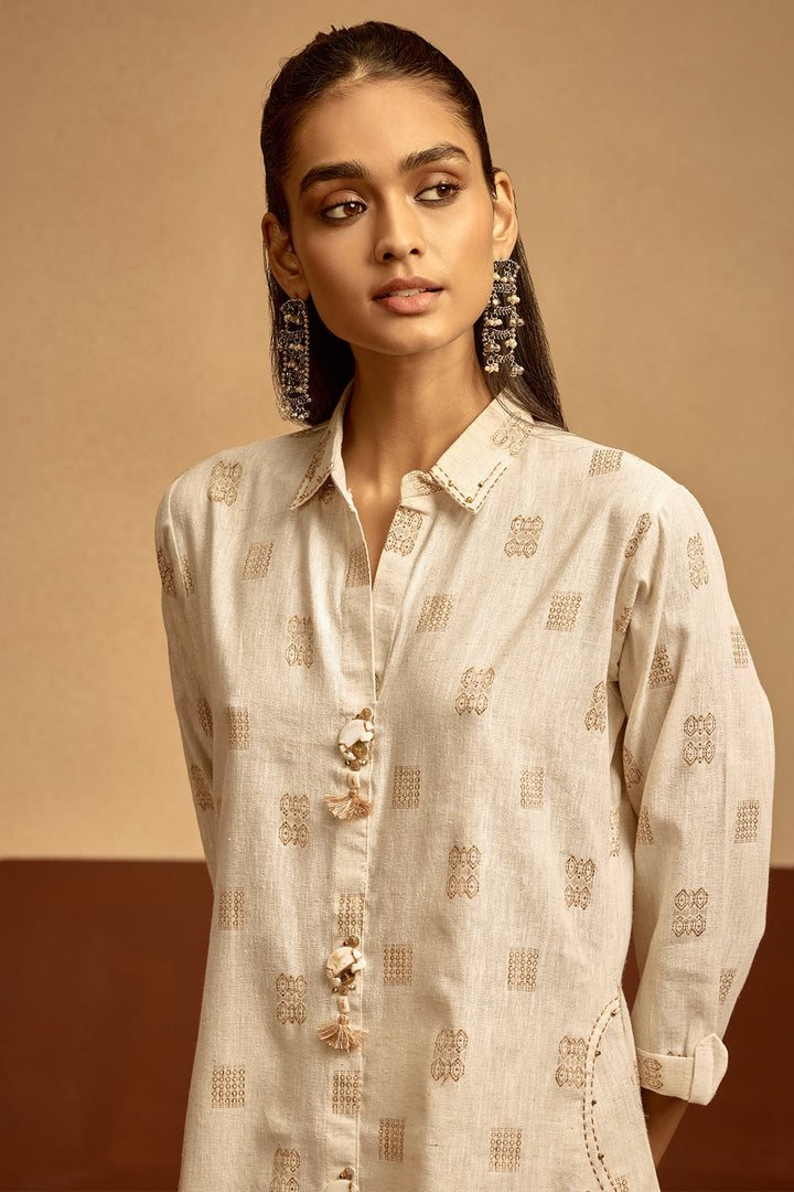 Cream Embroidered A-line Kurta Set