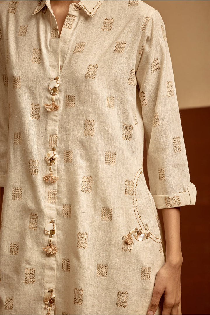 Cream Embroidered A-line Kurta Set