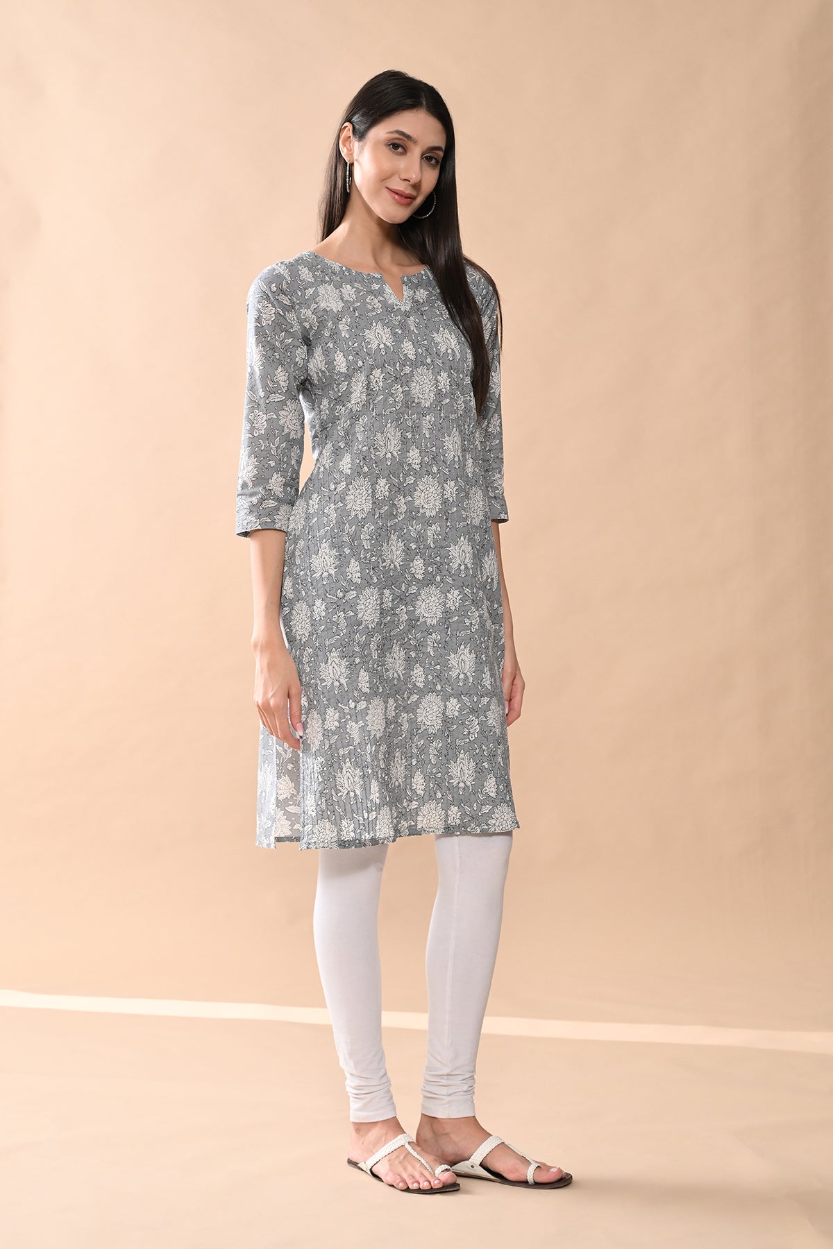 Grey Printed Straight Kurta