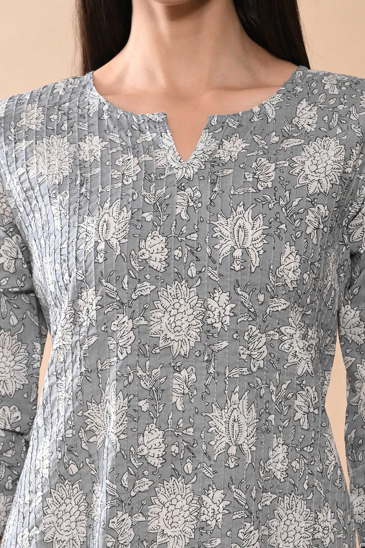 Grey Printed Straight Kurta