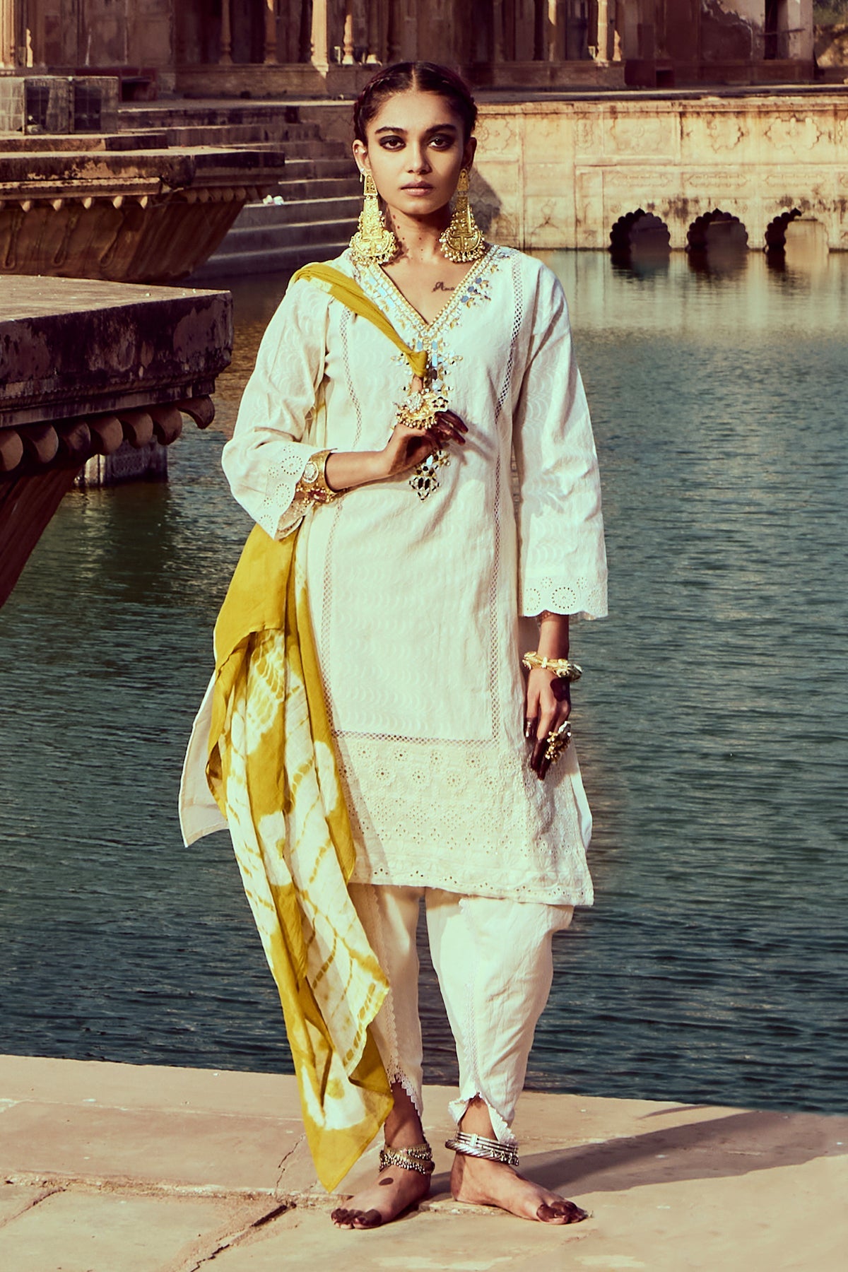 Cream Embroidered Kurta Set
