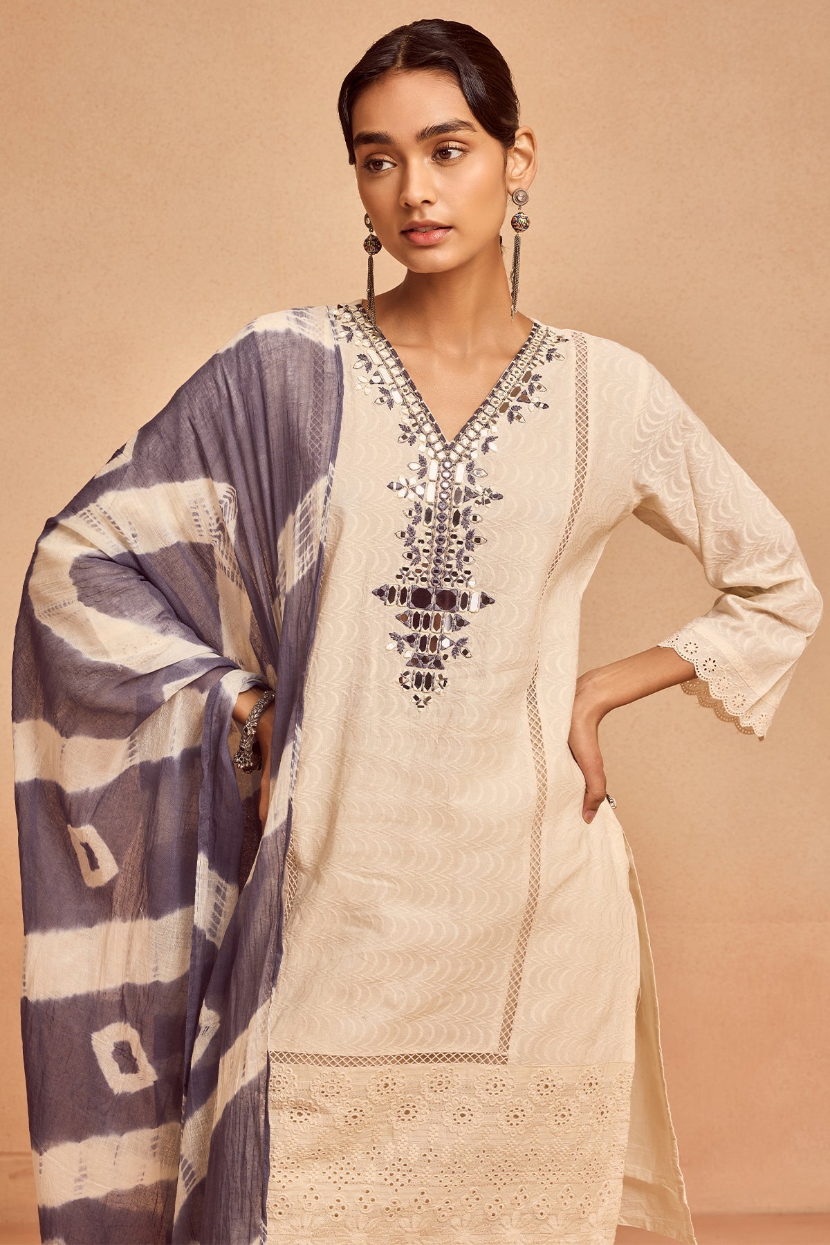 Cream Embroidered Kurta Set