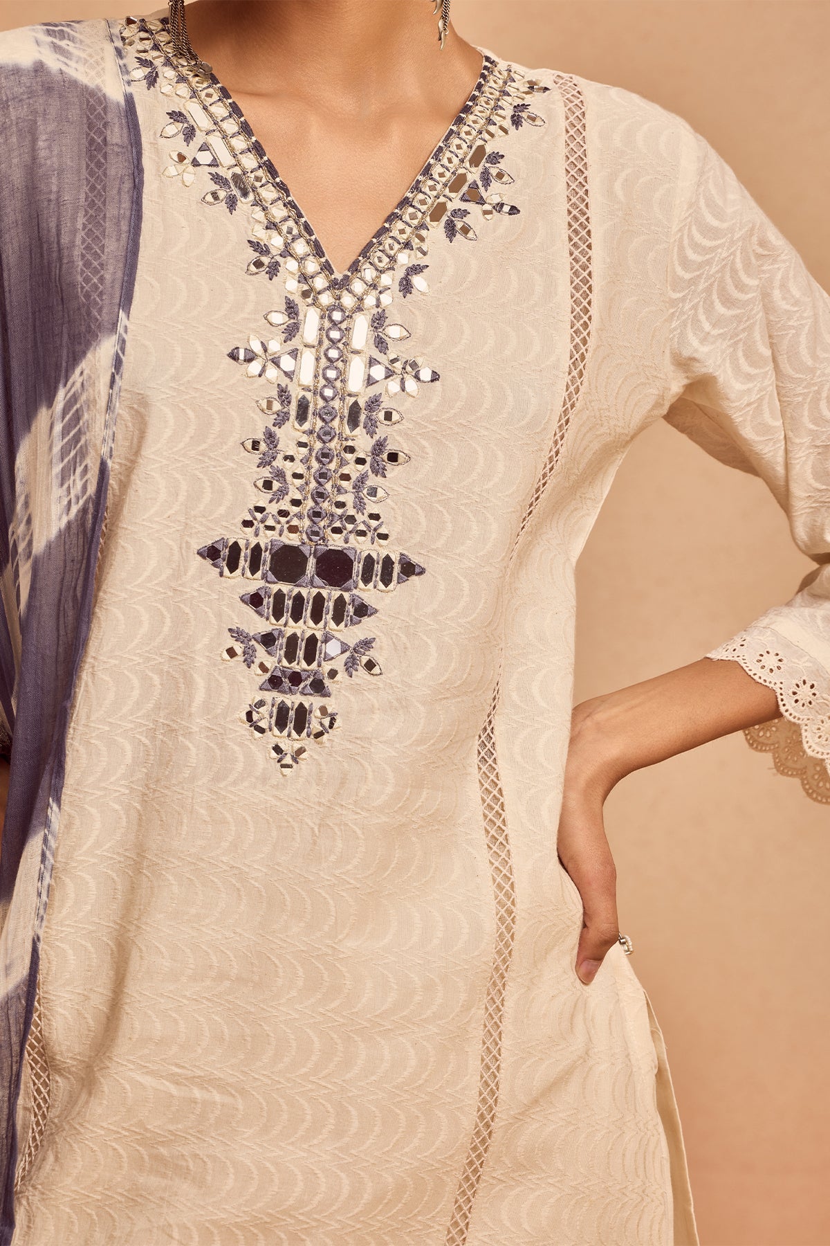Cream Embroidered Kurta Set