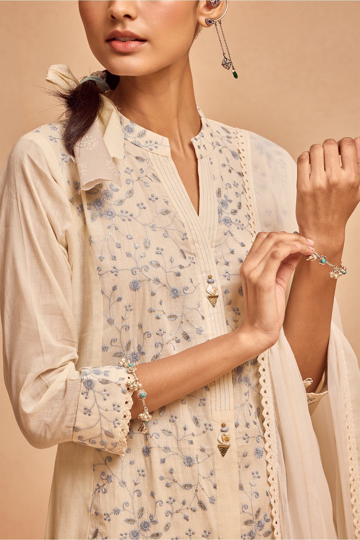 Cream Embroidered Kurta Set