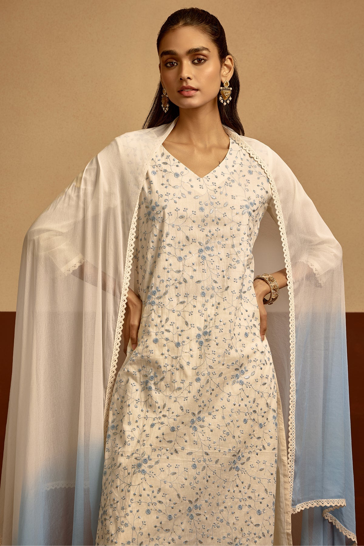 Cream Embroidered Kurta Set