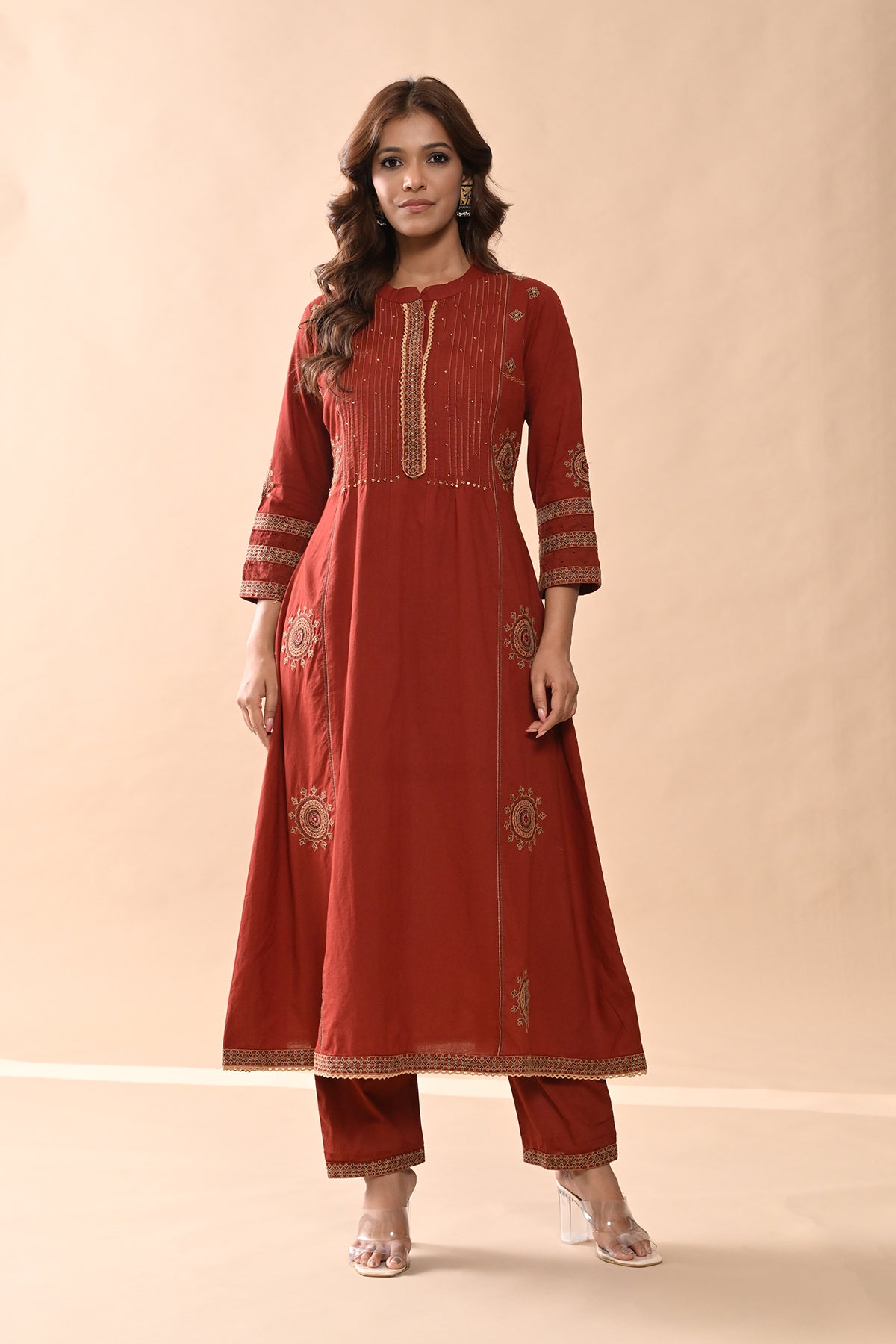 Rust Embroidered Kurta 2 Pcs Set