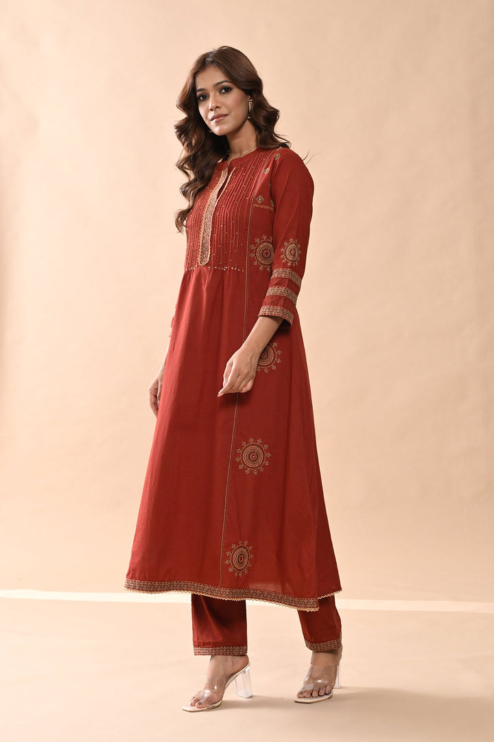 Rust Embroidered Kurta Set