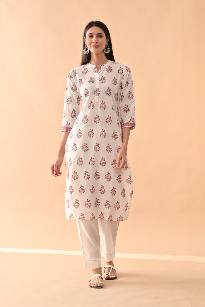 White Floral Printed Kurta