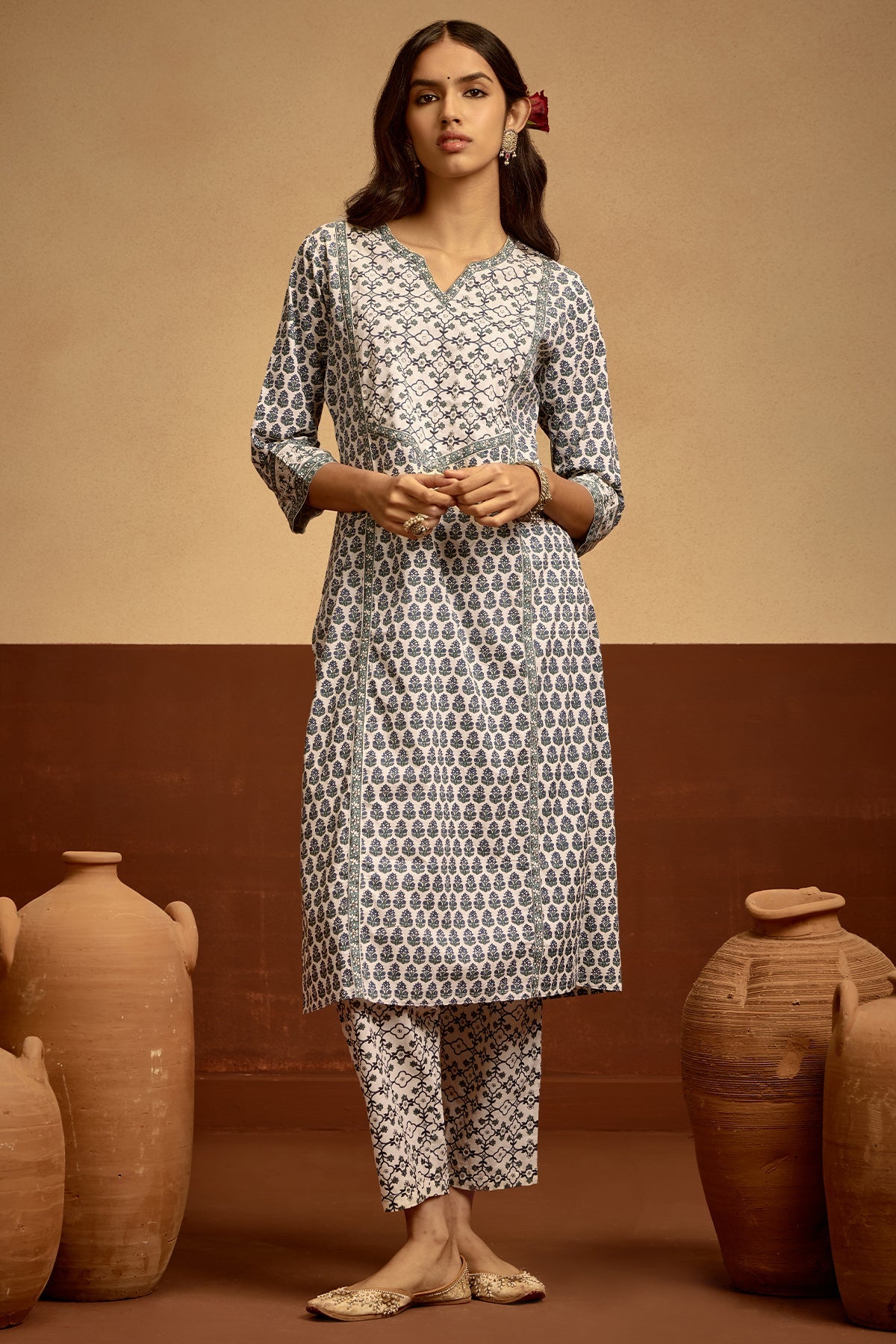 White Printed Straight Kurta Set