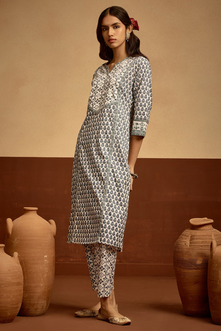 White Printed Straight Kurta Set