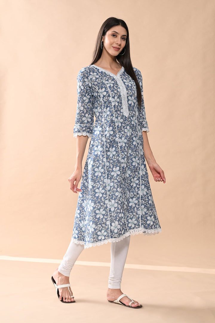 Blue Printed A-line Kurta