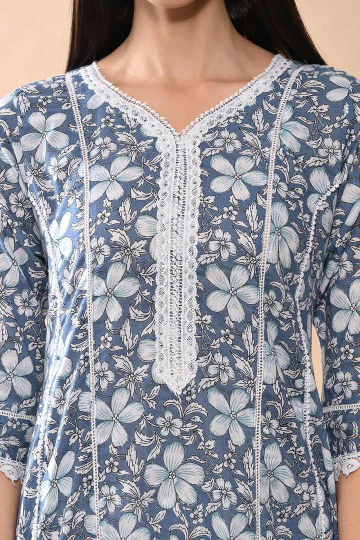 Blue Printed A-line Kurta