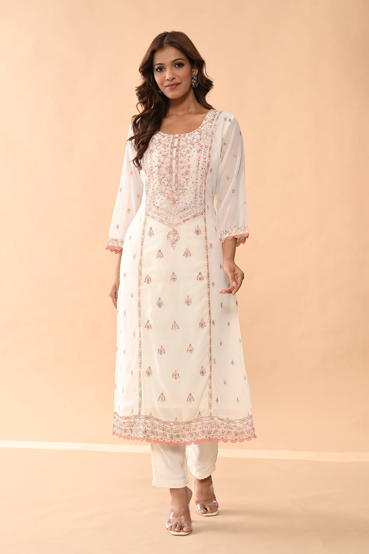 Cream Embroidered Kurta 3 Pcs Set