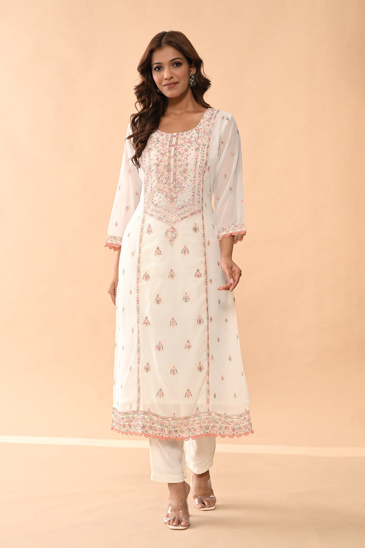 Cream Embroidered Kurta Set