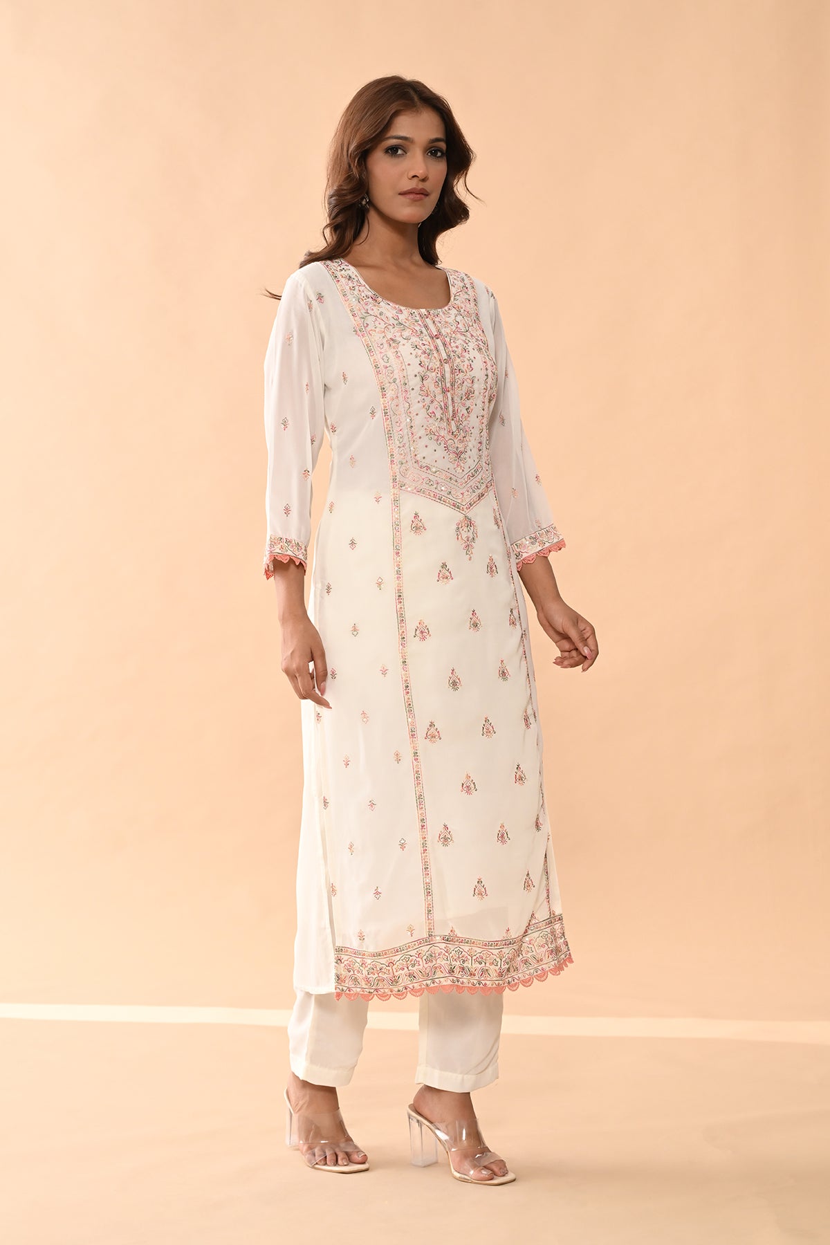 Cream Embroidered Kurta 3 Pcs Set